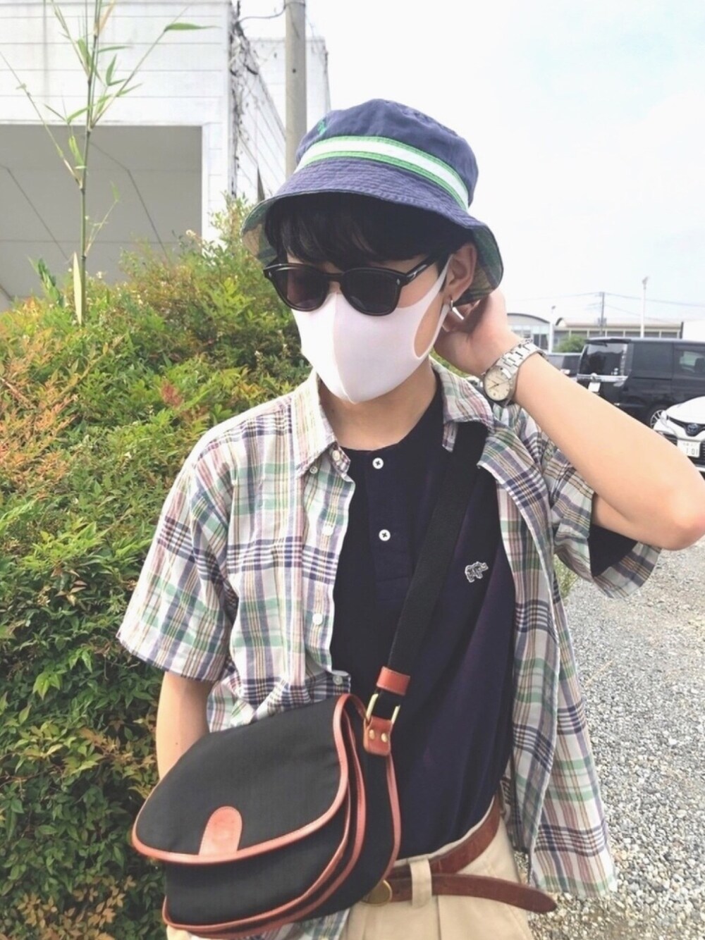 「Polo Ralph Lauren、Scye、ayame、UNDER COVER、梅雨、サングラス、夏コーデ、レイヤードスタイル、シャツ好き集まれ、チェック」｜「植え込みのアイテム（ラッピングキット、グリーン系）」を使った、こむさん（メンズ・170cm）の夏コーディネートの1枚目の写真