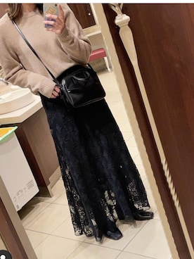 「CLANE（クラネ）のCLASSIC LACE MERMAID SKIRT（スカート、ブラック系）」を使った、anriさん（レディース・160cm）の冬コーディネート