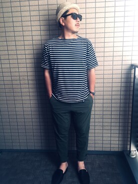 「antiqua（アンティカ）のアイテム（スリッポン）」を使った、mgmさん（メンズ・175cm）の夏コーディネート