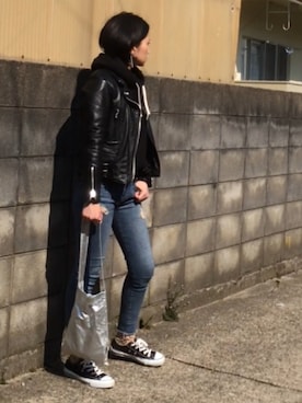 「無地党」｜「アイテム（ライダースジャケット）」を使った、annさん（レディース・153cm）の春コーディネート