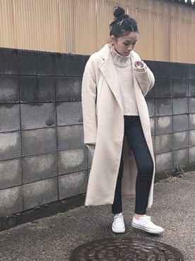 「アイテム（ステンカラーコート、ホワイト系）」を使った、annさん（レディース・153cm）の冬コーディネート
