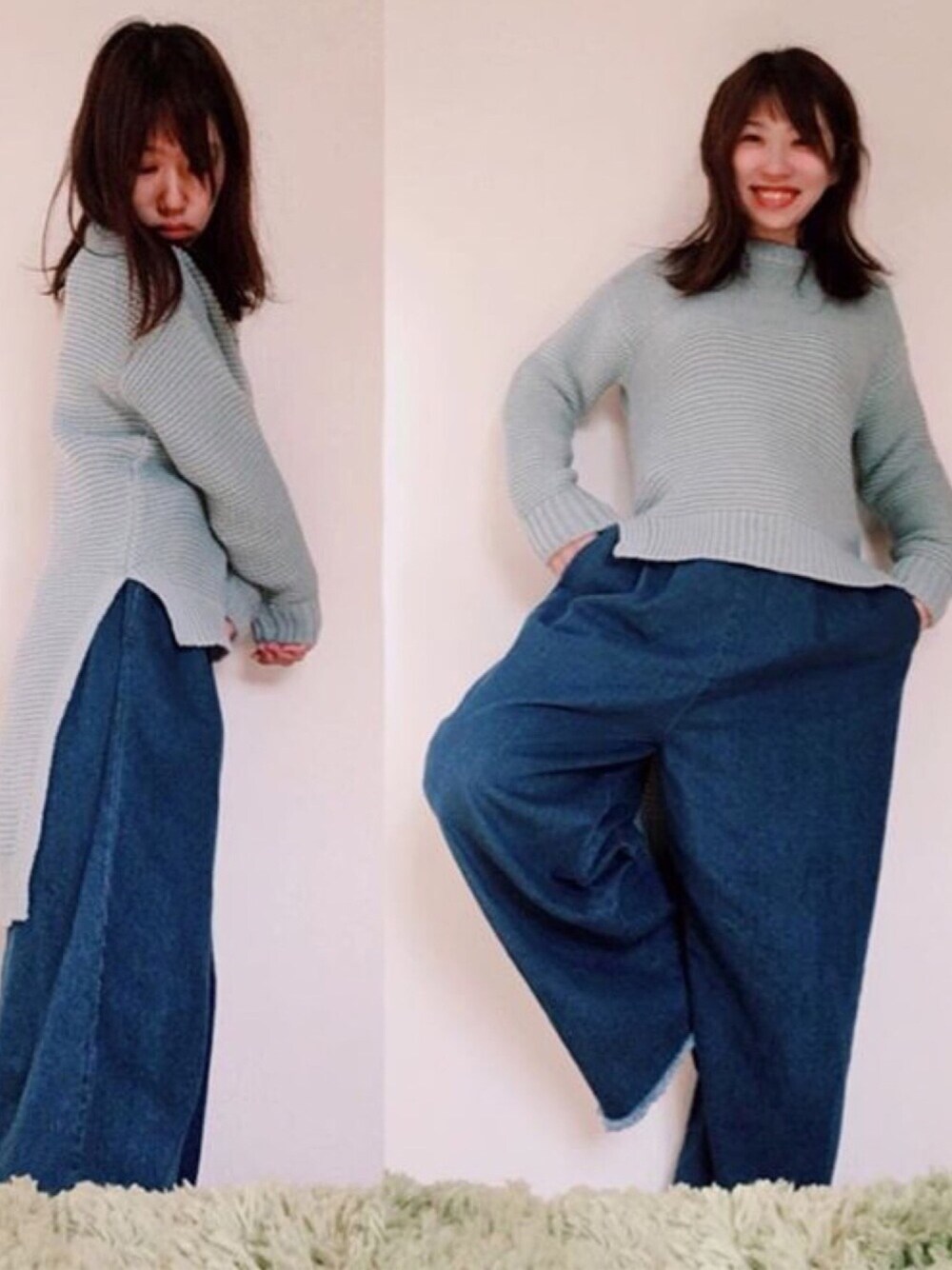 グリーン系のニット/セーター、ブルー系のデニムパンツを着用したレディースの冬コーディネートの1枚目の写真