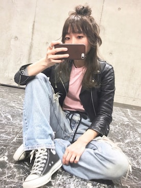 「ドラフトリーバイス」｜「アイテム（ライダースジャケット）」を使った、えりんこさん（レディース・162cm）の冬コーディネート
