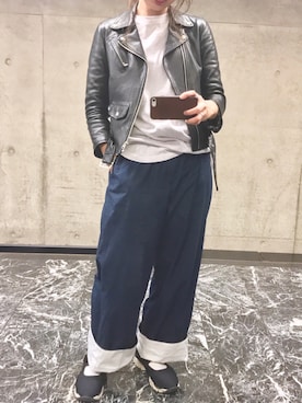 「UNUSED」｜「アイテム（ライダースジャケット）」を使った、えりんこさん（レディース・162cm）の春コーディネート