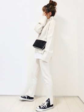 「リブニットパンツ」｜「アイテム（ワンピース/ドレス）」を使った、emaさん（レディース・153cm）の春コーディネート