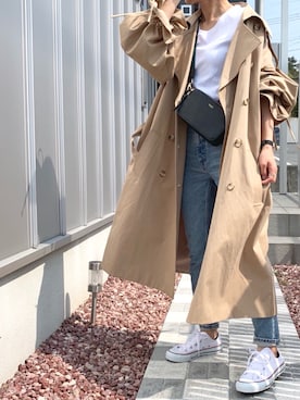 「袖ボリューム」｜「アイテム（トレンチコート）」を使った、emaさん（レディース・153cm）の春コーディネート