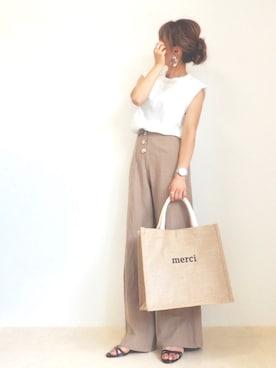 「DHOLIC（ディーホリック）のリネン混ボタンフライワイドパンツ（その他パンツ）」を使った、emaさん（レディース・153cm）の夏コーディネート