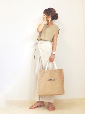 「Re:EDIT（リエディ）のリネンブレンドカシュクールパンツ（その他パンツ）」を使った、emaさん（レディース・153cm）の夏コーディネート