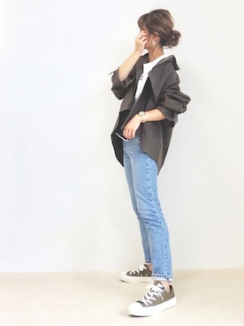 「MOUSSY（マウジー）のMVS SKINNY（デニムパンツ）」を使った、emaさん（レディース・153cm）の秋コーディネート