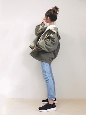 「MOUSSY（マウジー）のMVS SKINNY（デニムパンツ）」を使った、emaさん（レディース・153cm）の秋コーディネート
