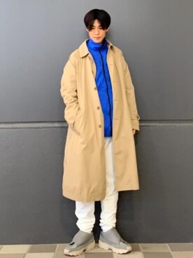 「coen（コーエン）のアイテム（ステンカラーコート）」を使った、coen 高岡さん（メンズ・174cm）の春コーディネート