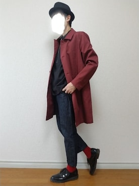 「アイテム（ステンカラーコート、レッド系）」を使った、bouさん（メンズ・176cm）の秋コーディネート