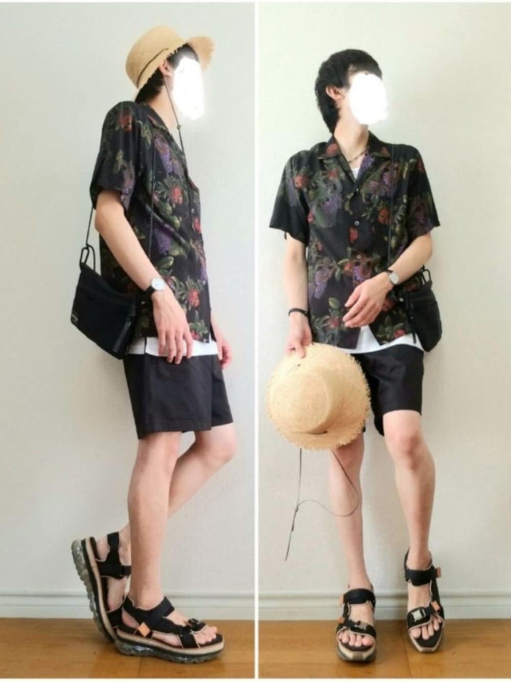 「麦わら帽子、柄シャツ、開襟シャツ、オープンカラーシャツ、ショートパンツ、ハーフパンツ、サンダル、モノトーン、夏コーデ、サコッシュ」｜「CA4LAのROUGH ST（ハット、ベージュ系）」を使った、bouさん（メンズ・176cm）の夏コーディネートの1枚目の写真