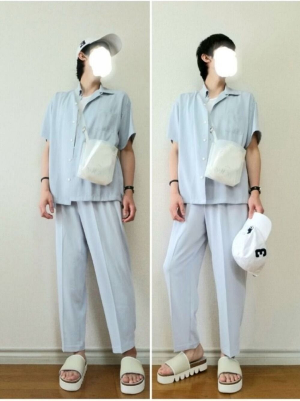 「キャップ、オープンカラーシャツ、開襟シャツ、スラックス、サンダル、シンプル、PVC、セットアップ風、夏コーデ、きれいめカジュアル」｜「POLO RALPH LAURENのBig Pony チノ ベースボール キャップ（キャップ、ホワイト系）」を使った、bouさん（メンズ・176cm）の夏コーディネートの1枚目の写真