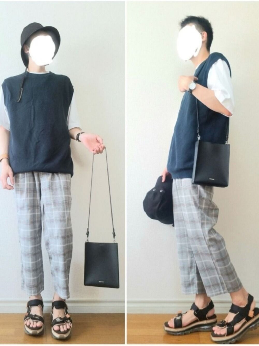 「バケットハット、Tシャツ、ニットベスト、ワイドパンツ、チェックパンツ、スラックス、サンダル、シンプル、ショルダーバッグ、プチプラ」｜「INTER FACTORYのWEARISTA Mr.SZK × INTER FACTORY　ジップコード付きバケットハット / UNISEX（ハット、ブラック系）」を使った、bouさん（メンズ・176cm）の夏コーディネートの1枚目の写真