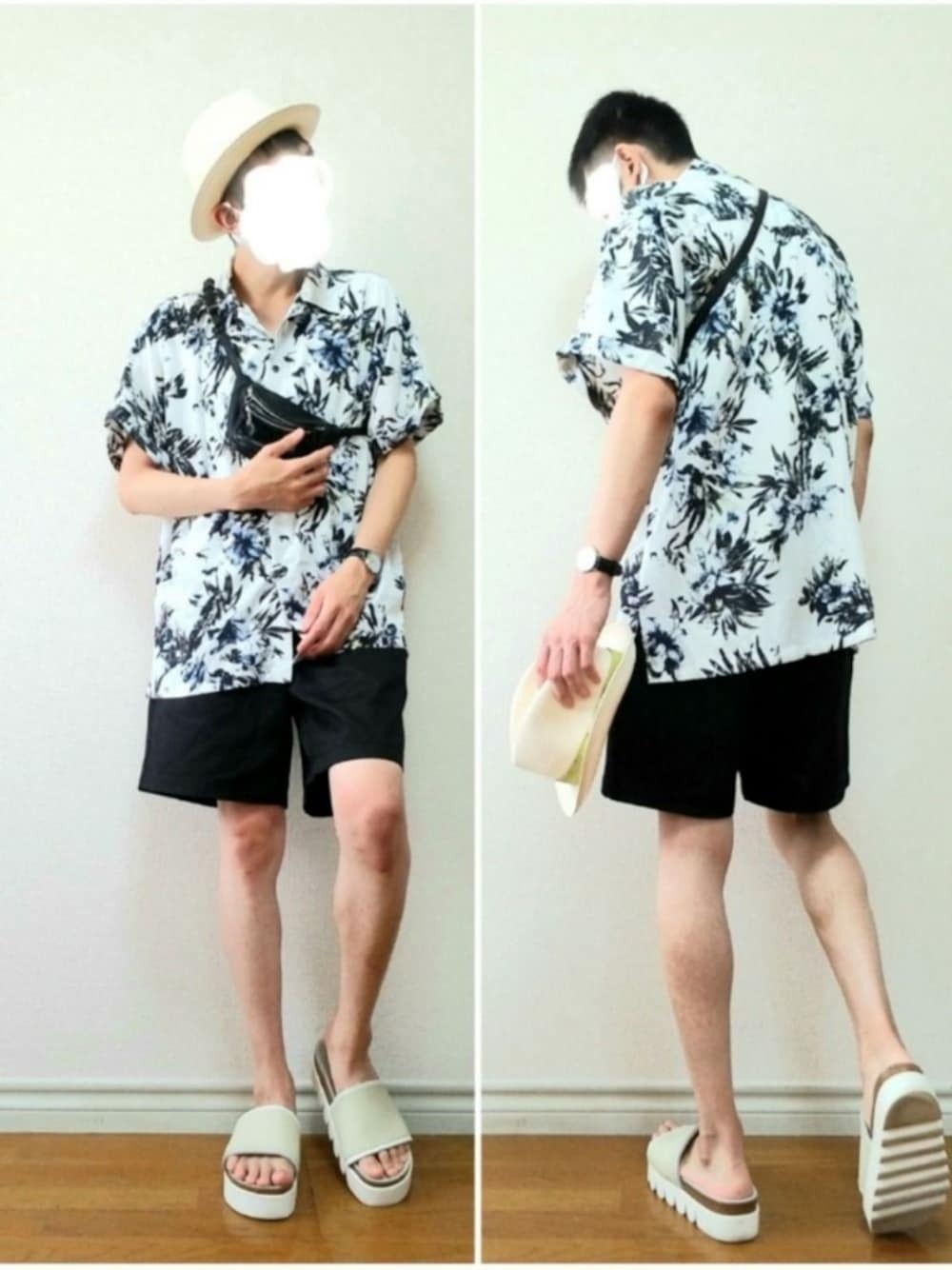 「ハット、モノトーン、柄シャツ、オープンカラーシャツ、開襟シャツ、ショートパンツ、ハーフパンツ、サンダル、ショルダーバッグ、シンプル」｜「Baileyのアイテム（ハット、ホワイト系）」を使った、bouさん（メンズ・176cm）の夏コーディネートの1枚目の写真