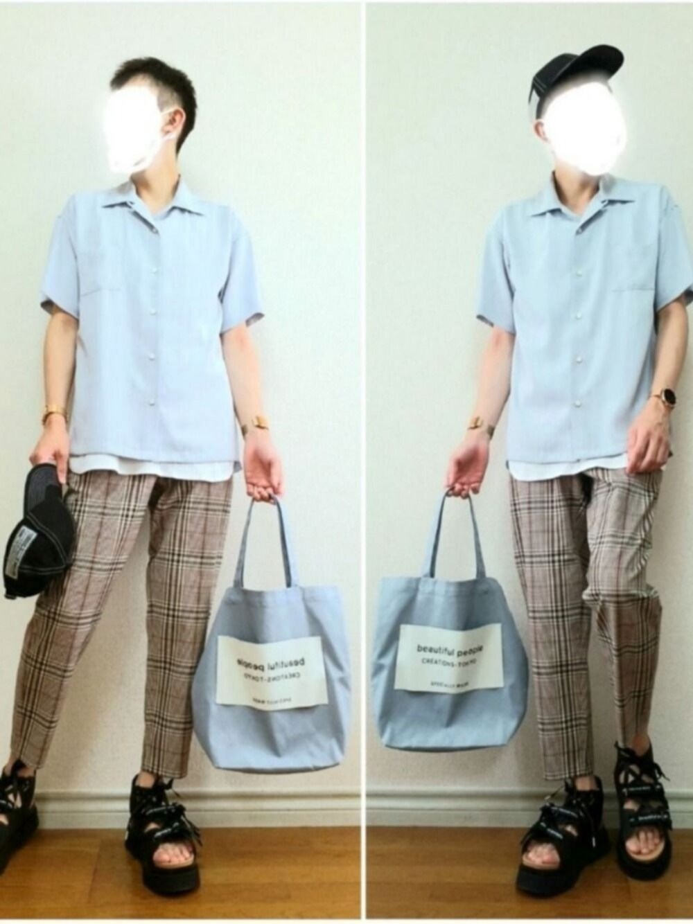 「キャップ、オープンカラーシャツ、開襟シャツ、チェックパンツ、アンクルパンツ、サンダル、シンプルコーデ、夏コーデ、おしゃれさんと繋がりたい、トートバッグ」｜「Jiedaの【PULP】JIEDA / ジエダ GABARDINE CAP（キャップ、ブラック系）」を使った、bouさん（メンズ・176cm）の夏コーディネートの1枚目の写真
