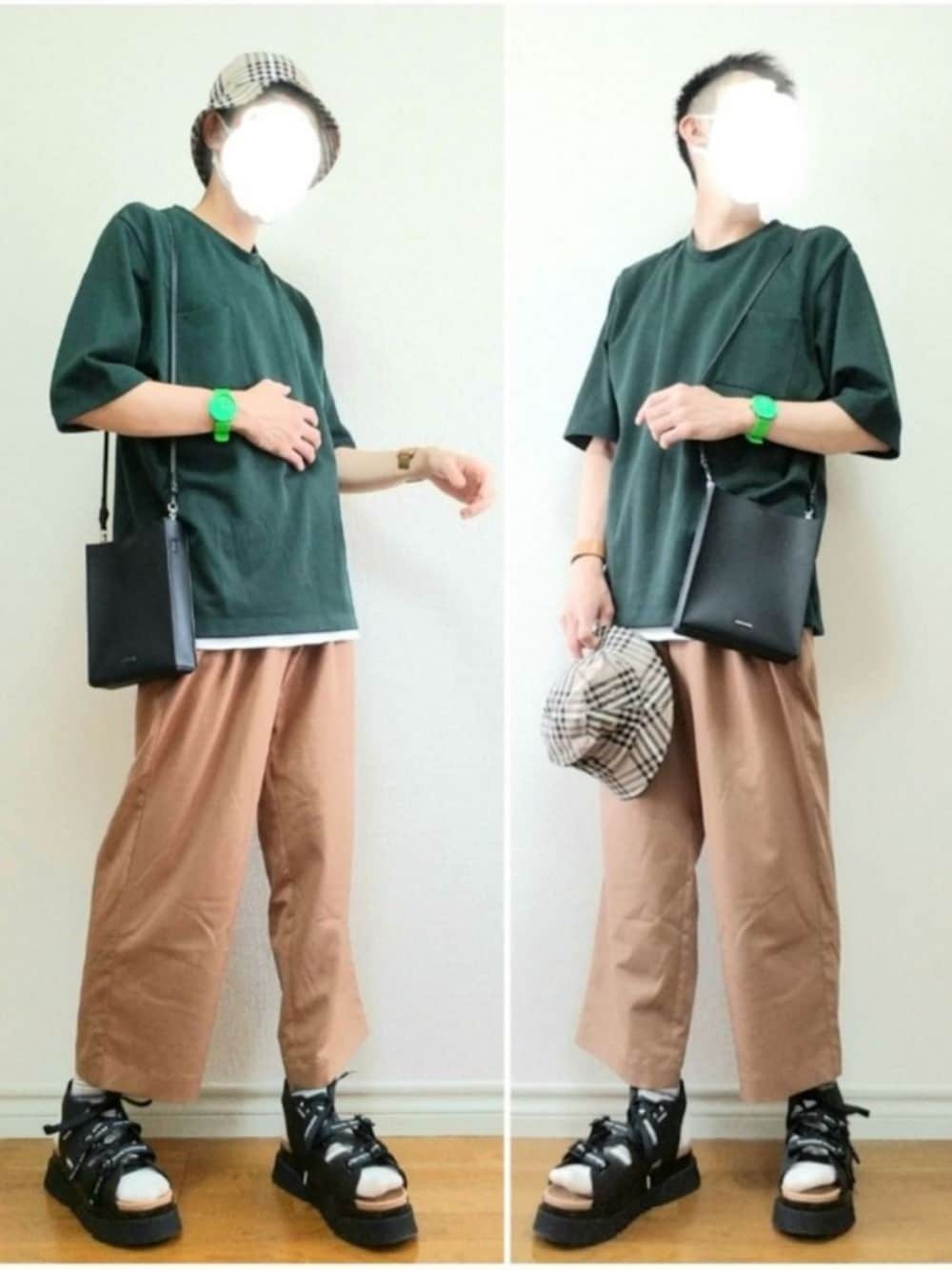 「バケットハット、チェック、アースカラー、Tシャツ、ワイドパンツ、サンダル、サンダルに靴下、ショルダーバッグ、GU、夏コーデ」｜「MONKEY TIMEの＜monkey time＞ CHECK BUCKET HAT/バケットハット（ハット、ベージュ系）」を使った、bouさん（メンズ・176cm）の夏コーディネートの1枚目の写真