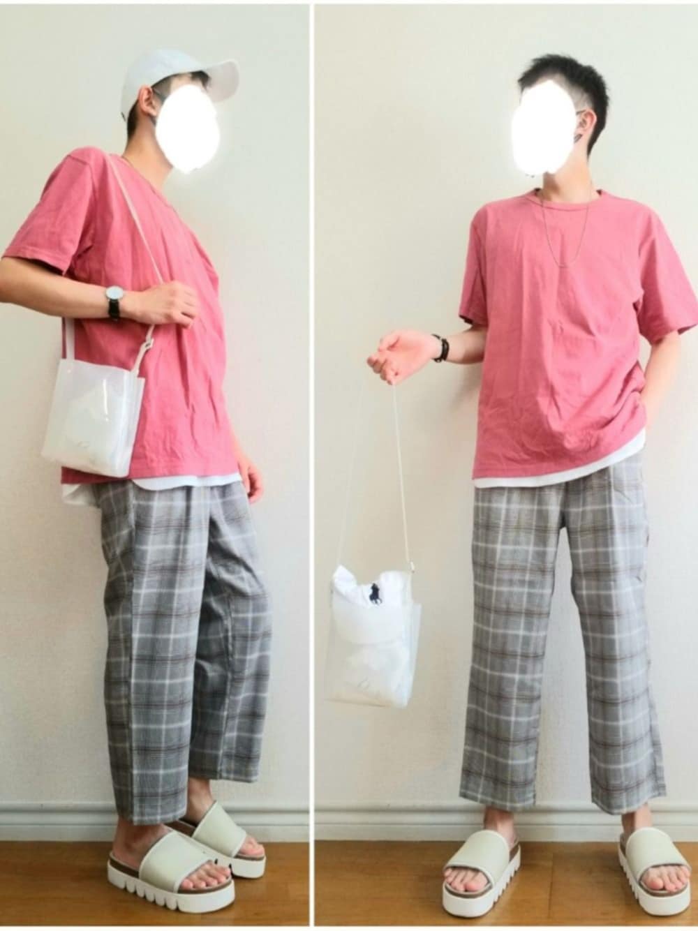 グレー系のスラックス、ホワイト系のサンダル、ホワイト系のショルダーバッグを着用したメンズの夏コーディネートの1枚目の写真