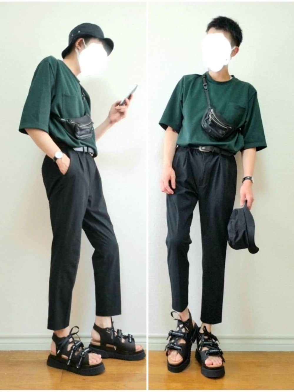 「バケットハット、Tシャツ、ボディバッグ、スラックス、サンダル、シンプル、おしゃれさんと繋がりたい、シャツスタイル、きれいめカジュアル」｜「ALLEGEのアイテム（ハット、ブラック系）」を使った、bouさん（メンズ・176cm）の夏コーディネートの1枚目の写真