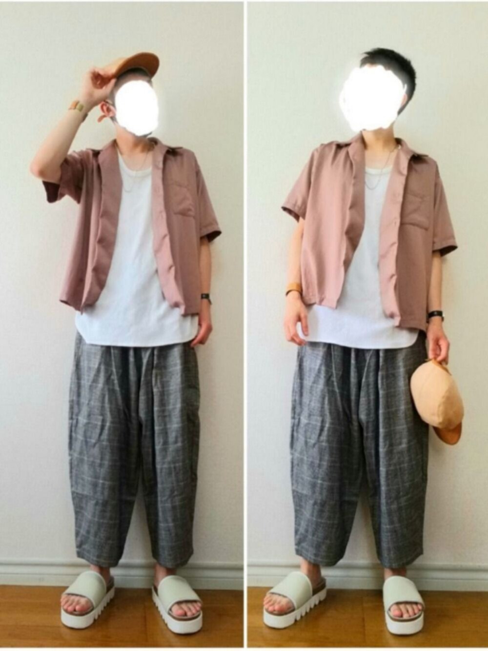 「キャップ、オープンカラーシャツ、開襟シャツ、ワイドパンツ、チェック、サンダル、ゆるコーデ、夏コーデ、お洒落さんとつながりたい、シンプル」｜「Hender Schemeのアイテム（キャップ、ベージュ系）」を使った、bouさん（メンズ・176cm）の夏コーディネートの1枚目の写真