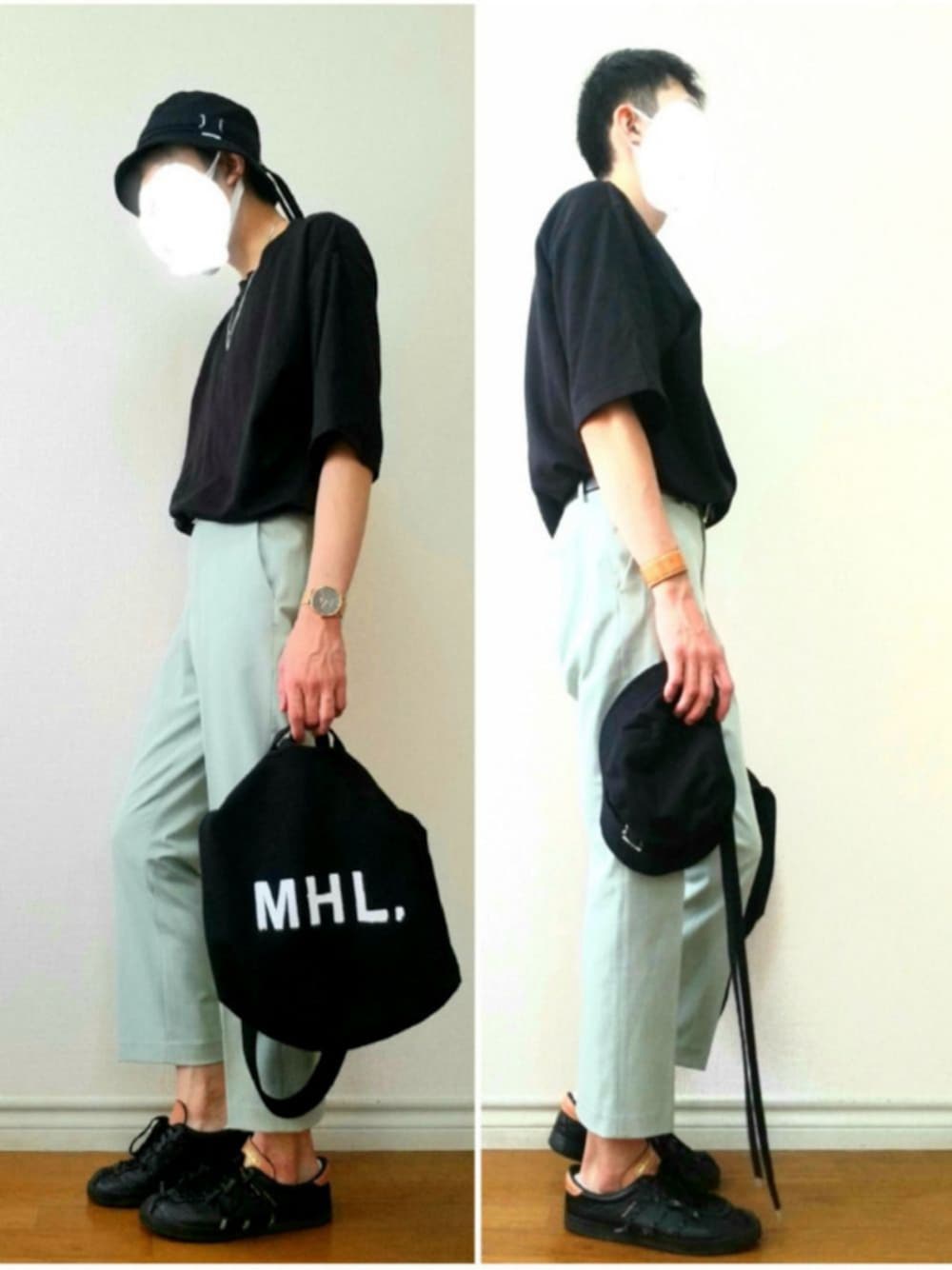 「バケットハット、Tシャツ、スラックス、アンクルパンツ、黒スニーカー、プチプラ、シンプルコーデ、シンプル、ショルダーバッグ、きれいめカジュアル」｜「salixのアイテム（帽子、ブラック系）」を使った、bouさん（メンズ・176cm）の秋コーディネートの1枚目の写真