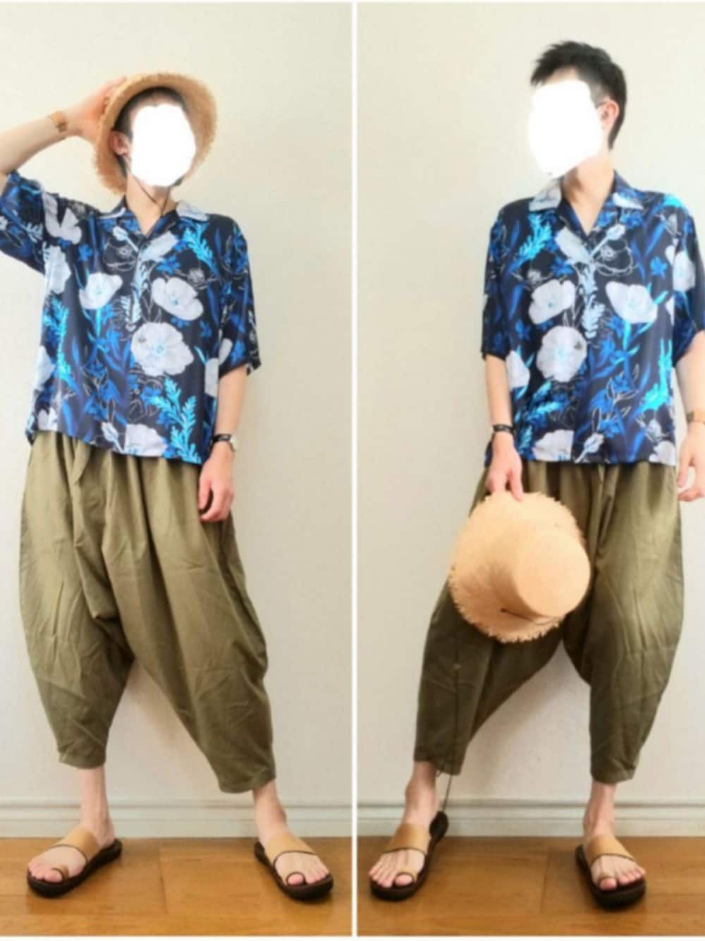 「麦わら帽子、柄シャツ、サルエルパンツ、サンダル、アースカラー、夏コーデ、カジュアル、シンプル、いいね、save、フォローお願いします🤑、夏」｜「Daniel WellingtonのDaniel Wellington　ダニエルウェリントン　Classic　Sheffield　シルバー　40mm（アナログ腕時計、ホワイト系）」を使った、bouさん（メンズ・176cm）の秋コーディネートの1枚目の写真