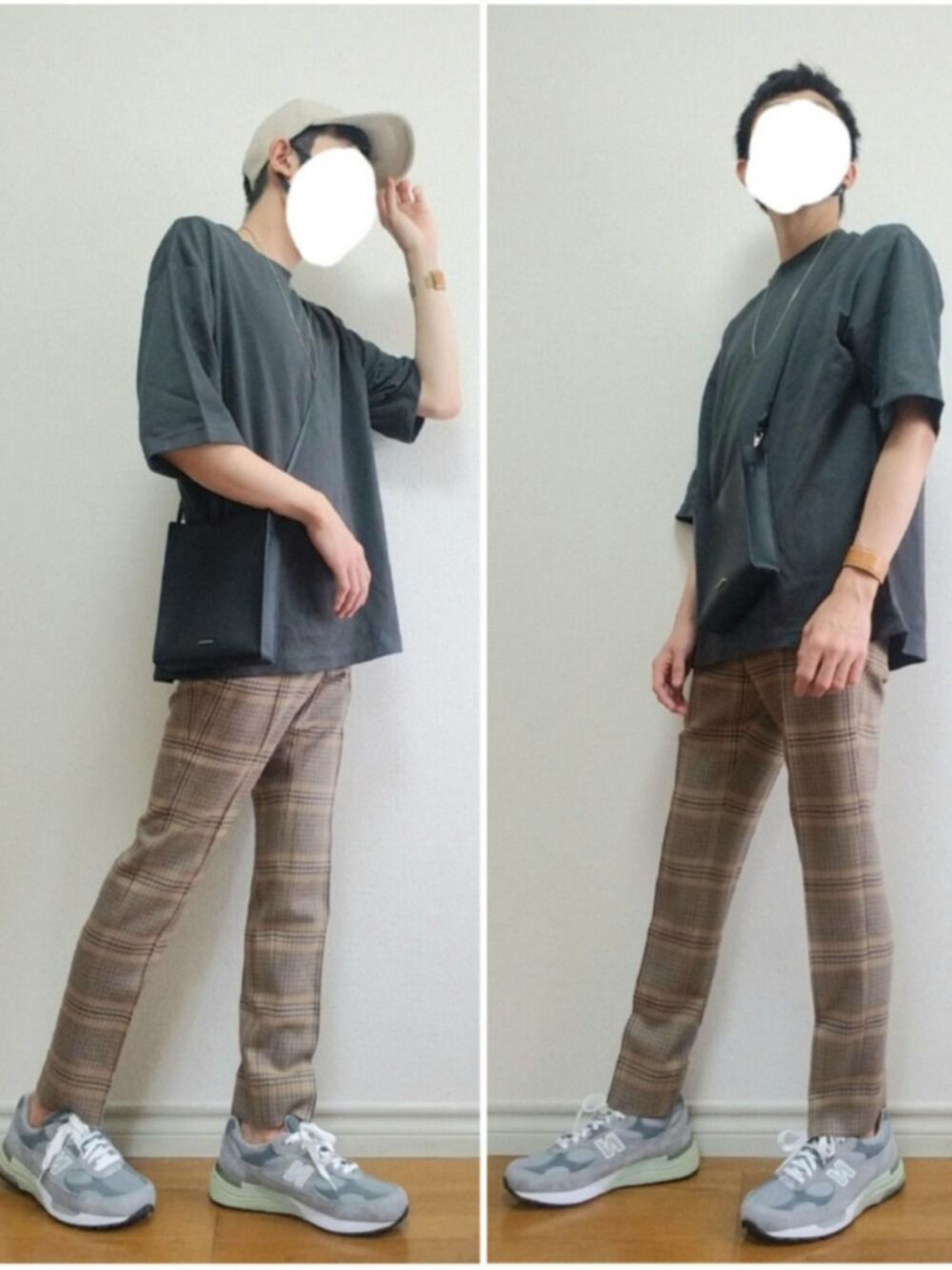 「キャップ、オーバーサイズ、シャツスタイル、チェックパンツ、スラックス、スニーカー、シンプル、いいね、save、フォローお願いします🤑、シンプルコーデ、AURALEE」｜「UNIQLOのエアリズムコットンオーバーサイズTシャツ（5分袖）（Tシャツ/カットソー、ブラック系）」を使った、bouさん（メンズ・176cm）の秋コーディネートの1枚目の写真