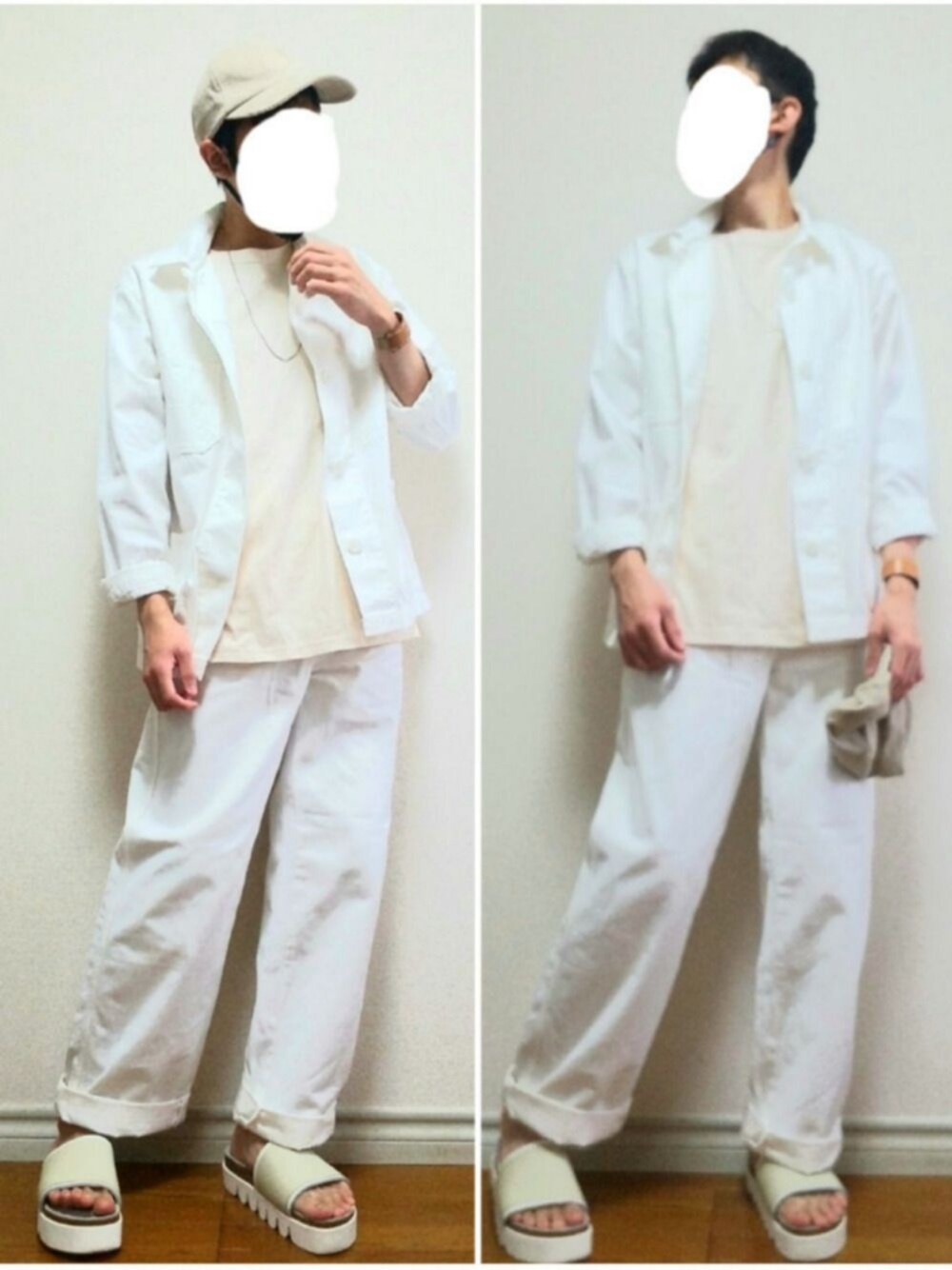 「キャップ、シャツ、オーバーサイズ、ワイドパンツ、デニム、サンダル、オールホワイト、ゆるコーデ、シンプル、秋のコーデ」｜「GUのアイテム（キャップ、ベージュ系）」を使った、bouさん（メンズ・176cm）の秋コーディネートの1枚目の写真