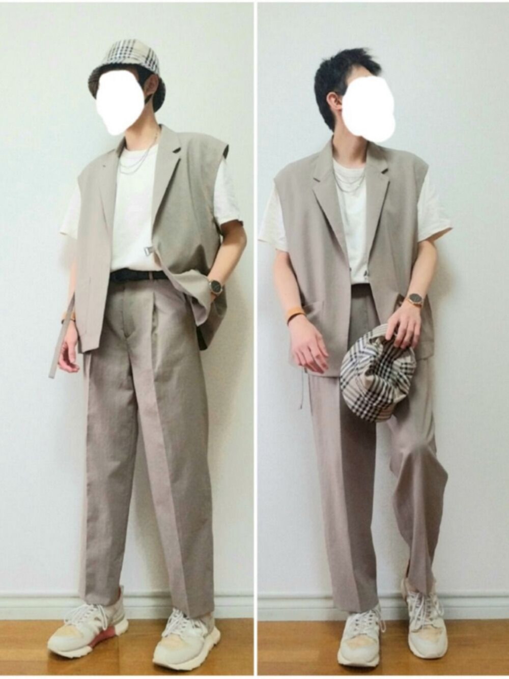 「バケットハット、セットアップ、ベスト、スラックス、ワイドパンツ、スニーカー、ワントーンコーデ、チェック、秋コーデ、シンプル」｜「MONKEY TIMEの＜monkey time＞ CHECK BUCKET HAT/バケットハット（ハット、ベージュ系）」を使った、bouさん（メンズ・176cm）の秋コーディネートの1枚目の写真