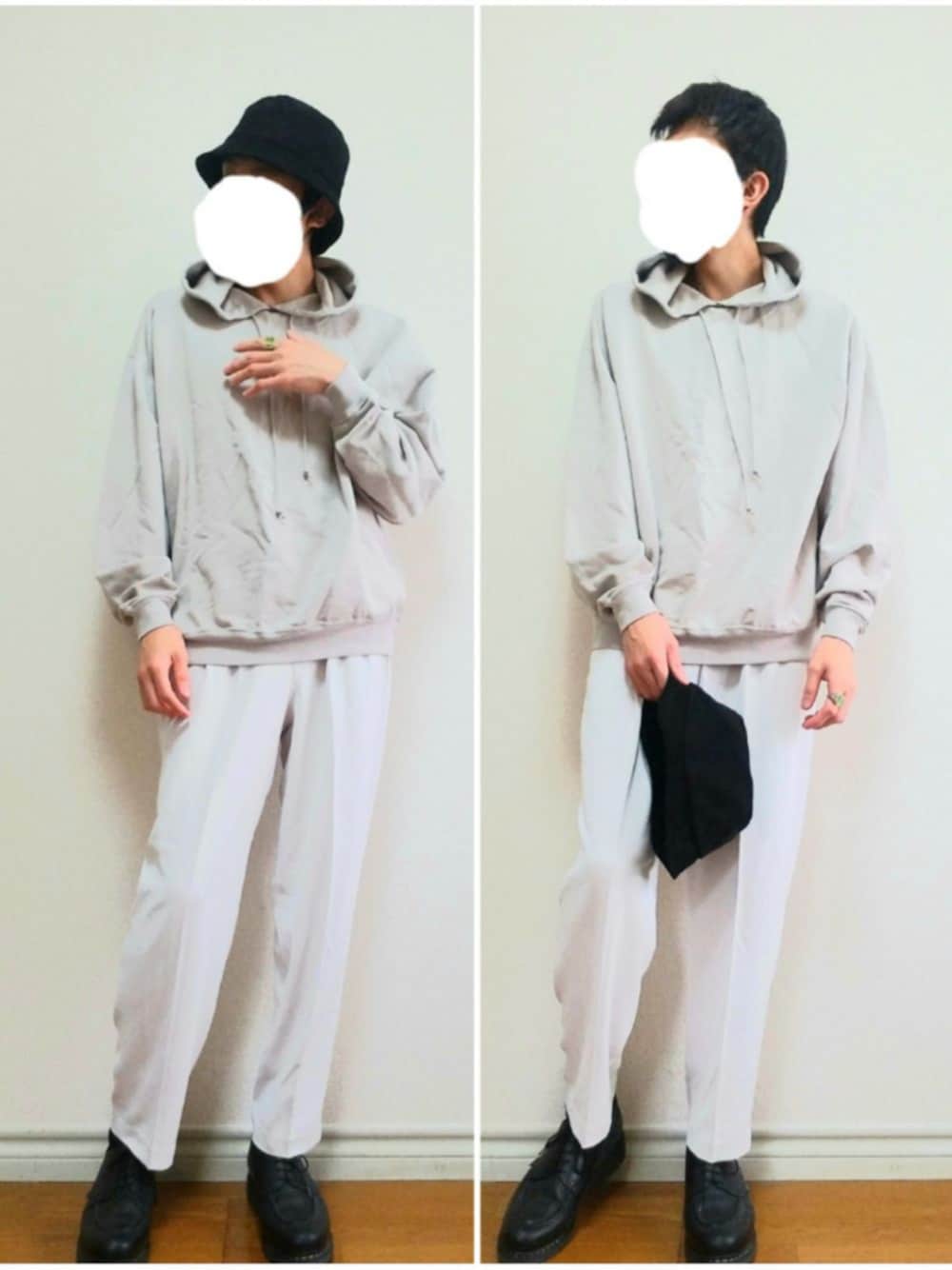 グレー系のパーカー、ホワイト系のパンツ、ブラック系のその他シューズを着用したメンズの秋コーディネートの1枚目の写真