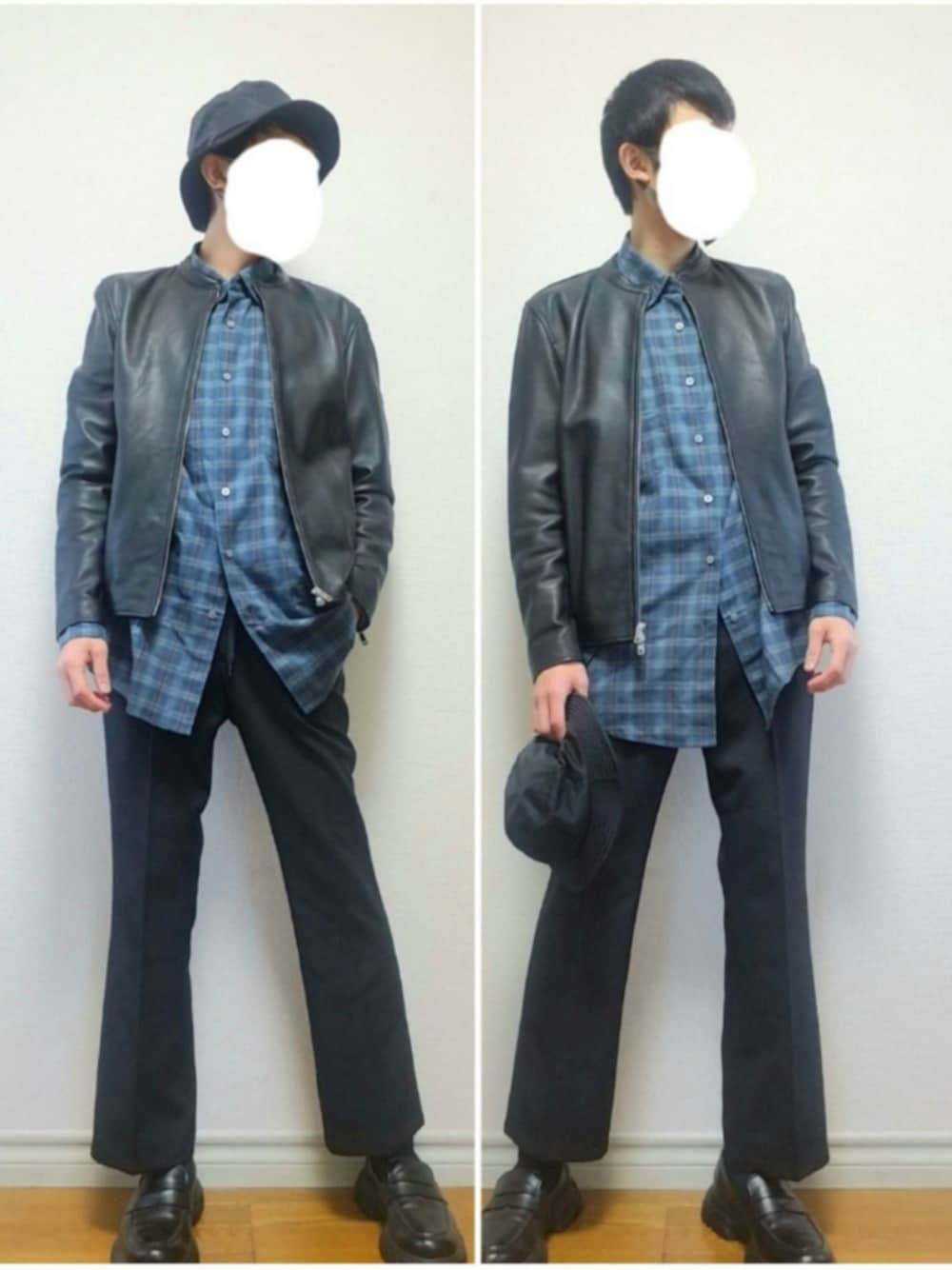 「バケットハット、ライダース、チェックシャツ、フレアパンツ、スラックス、ローファー、シンプル、シンプルコーデ、秋のコーデ、秋コーデ」｜「ALLEGEのアイテム（ハット、ブラック系）」を使った、bouさん（メンズ・176cm）の秋コーディネートの1枚目の写真