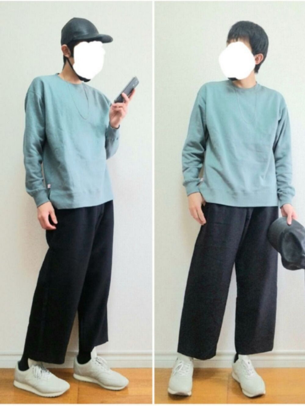 「キャップ、スウェット、ワイドパンツ、スラックス、スニーカー、くすみカラー、シンプル、シンプルコーデ、秋のコーデ、おしゃれさんと繋がりたい」｜「CHRISTIAN DADAのLeather Lace-up Cap（キャップ、ブラック系）」を使った、bouさん（メンズ・176cm）の秋コーディネートの1枚目の写真