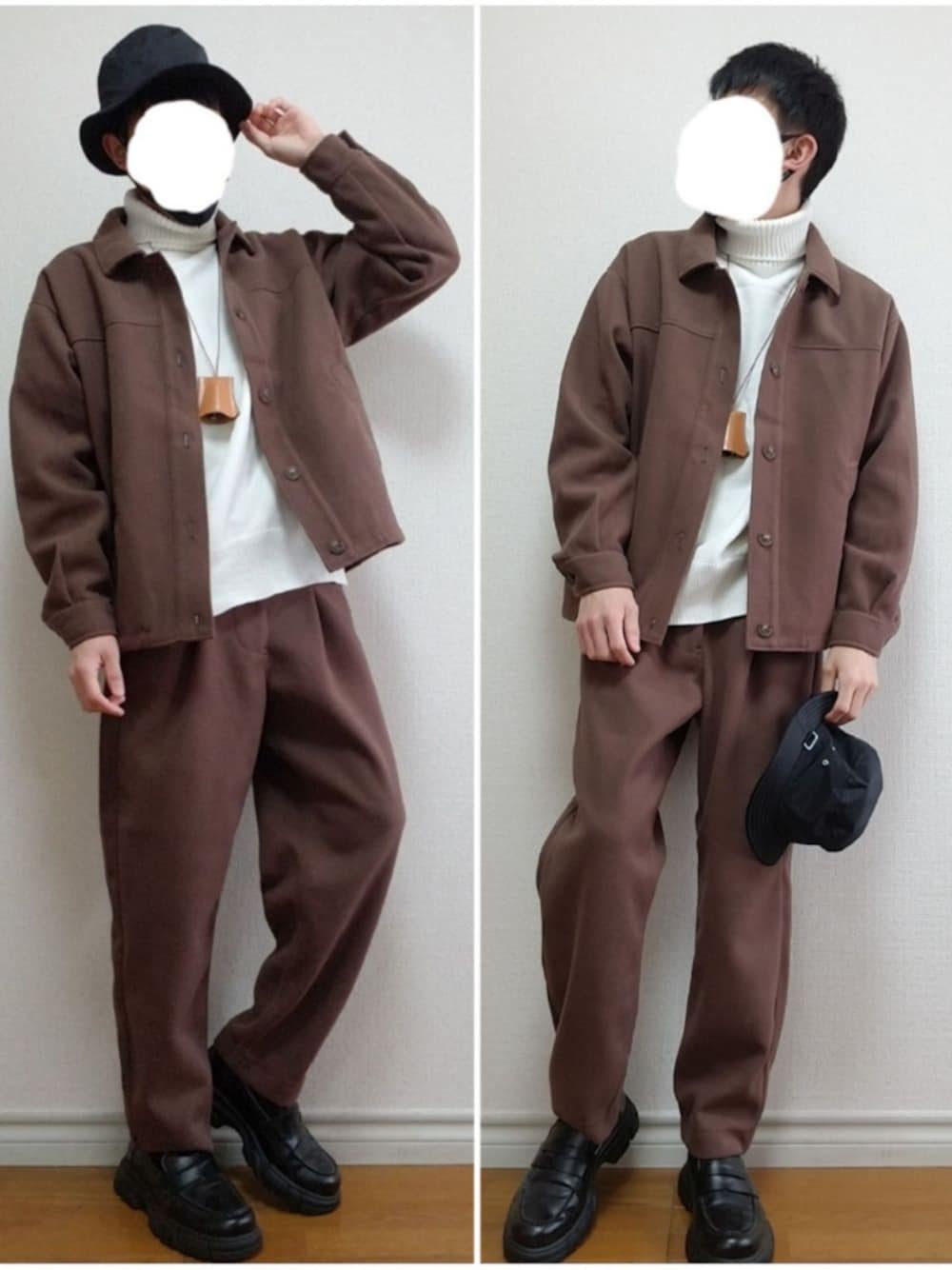 「バケットハット、セットアップ、ブラウンコーデ、ローファー、秋、秋のコーデ、おしゃれさんと繋がりたい、ZIP FIVE、シンプル、シンプルコーデ」｜「ALLEGEのアイテム（ハット、ブラック系）」を使った、bouさん（メンズ・176cm）の秋コーディネートの1枚目の写真