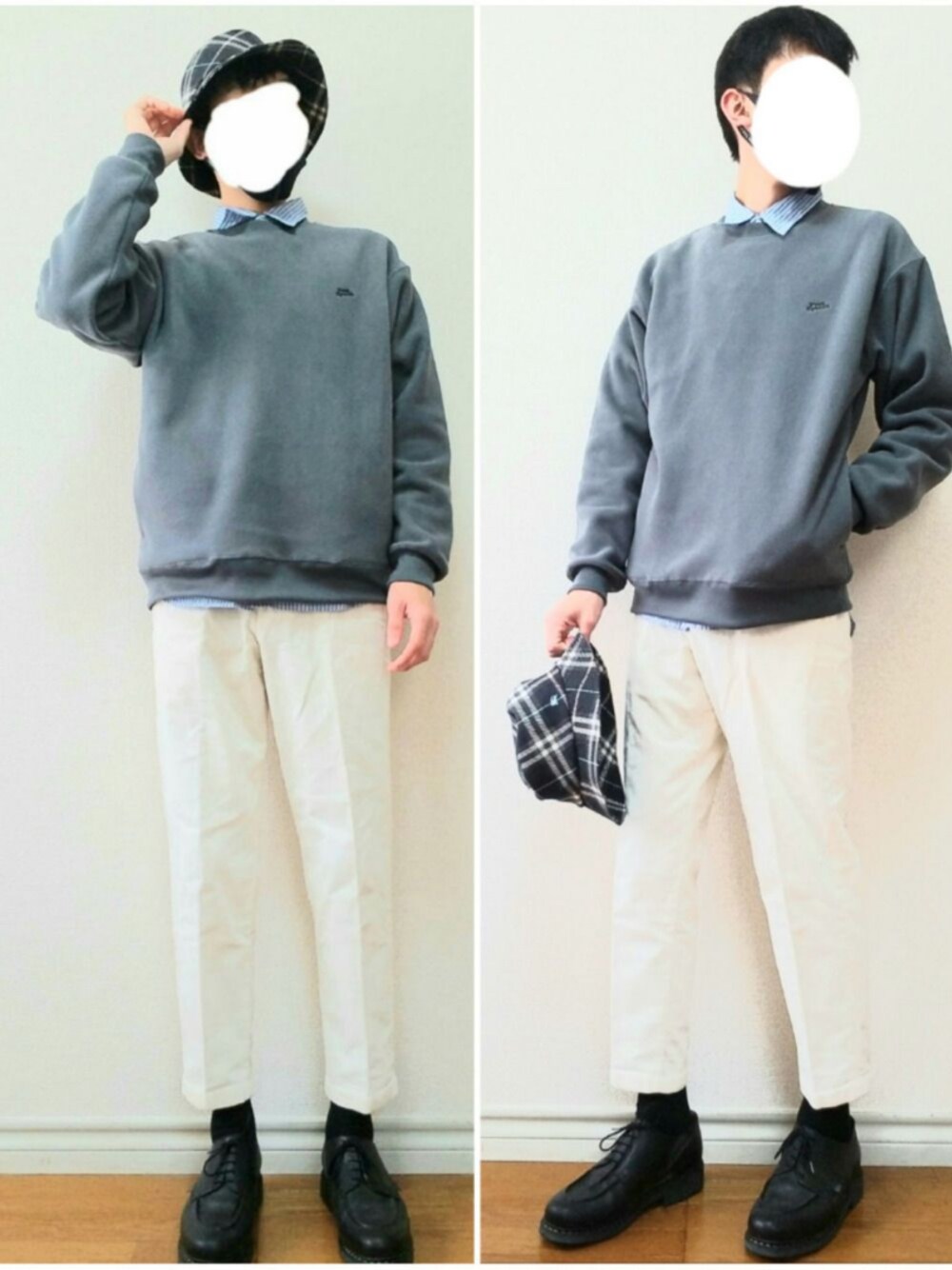 ブルー系のシャツ/ブラウス、グレー系のスウェット、ホワイト系のその他パンツを着用したメンズの秋コーディネートの1枚目の写真