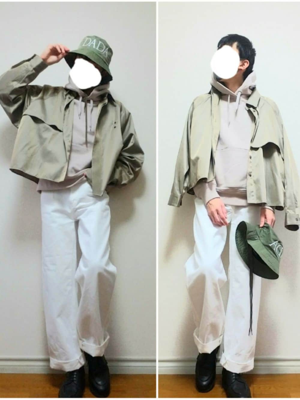 「バケットハット、シャツスタイル、パーカー、ワイドパンツ、白パンツ、革靴、ミリタリー、甘辛mix、オーバーサイズ、いいね、save、フォローお願いします🤑」｜「CHRISTIAN DADAの■別注■CHRISTIAN DADA×MIDWEST EXCLUSIVE “DADA EMBROIDERY”バケットハット（ハット、ブラウン系）」を使った、bouさん（メンズ・176cm）の秋コーディネートの1枚目の写真