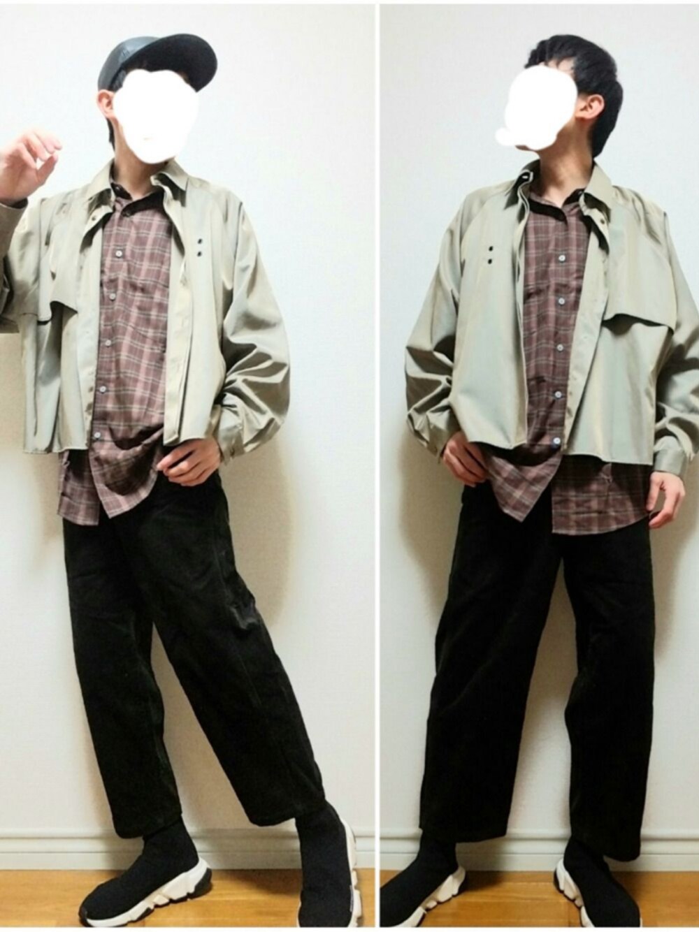「レザーキャップ、オーバーサイズ、シャツスタイル、チェックシャツ、コーデュロイパンツ、ワイドパンツ、黒スニーカー、ミリタリー、カジュアル、いいね、save、フォローお願いします🤑」｜「CHRISTIAN DADAのLeather Lace-up Cap（キャップ、ブラック系）」を使った、bouさん（メンズ・176cm）の秋コーディネートの1枚目の写真