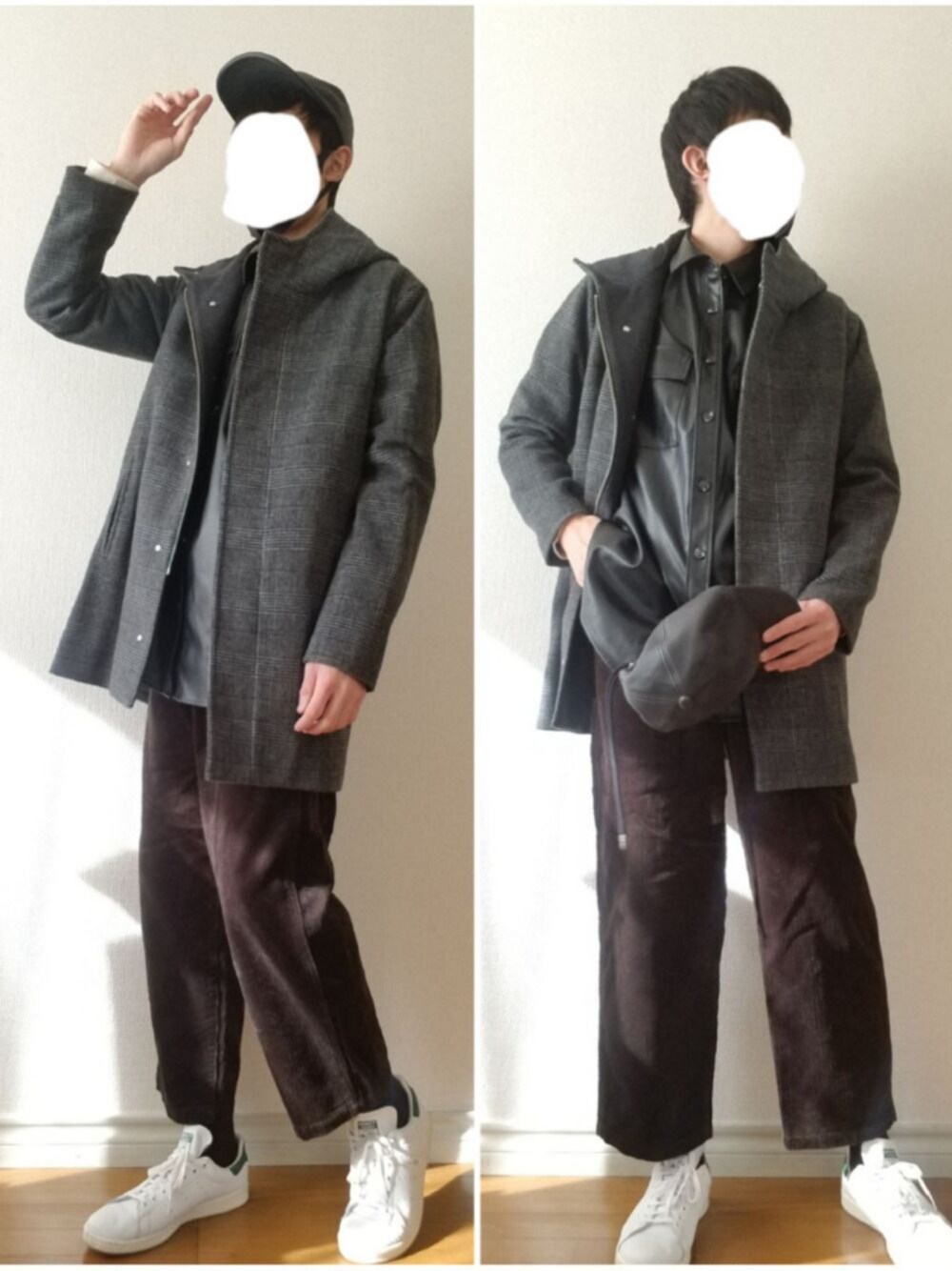 「キャップ、レザー、フードコート、チェック、ワイドパンツ、コーデュロイパンツ、白スニーカー、冬コーデ、シンプル、おしゃれさんと繋がりたい」｜「CHRISTIAN DADAのLeather Lace-up Cap（キャップ、ブラック系）」を使った、bouさん（メンズ・176cm）の冬コーディネートの1枚目の写真