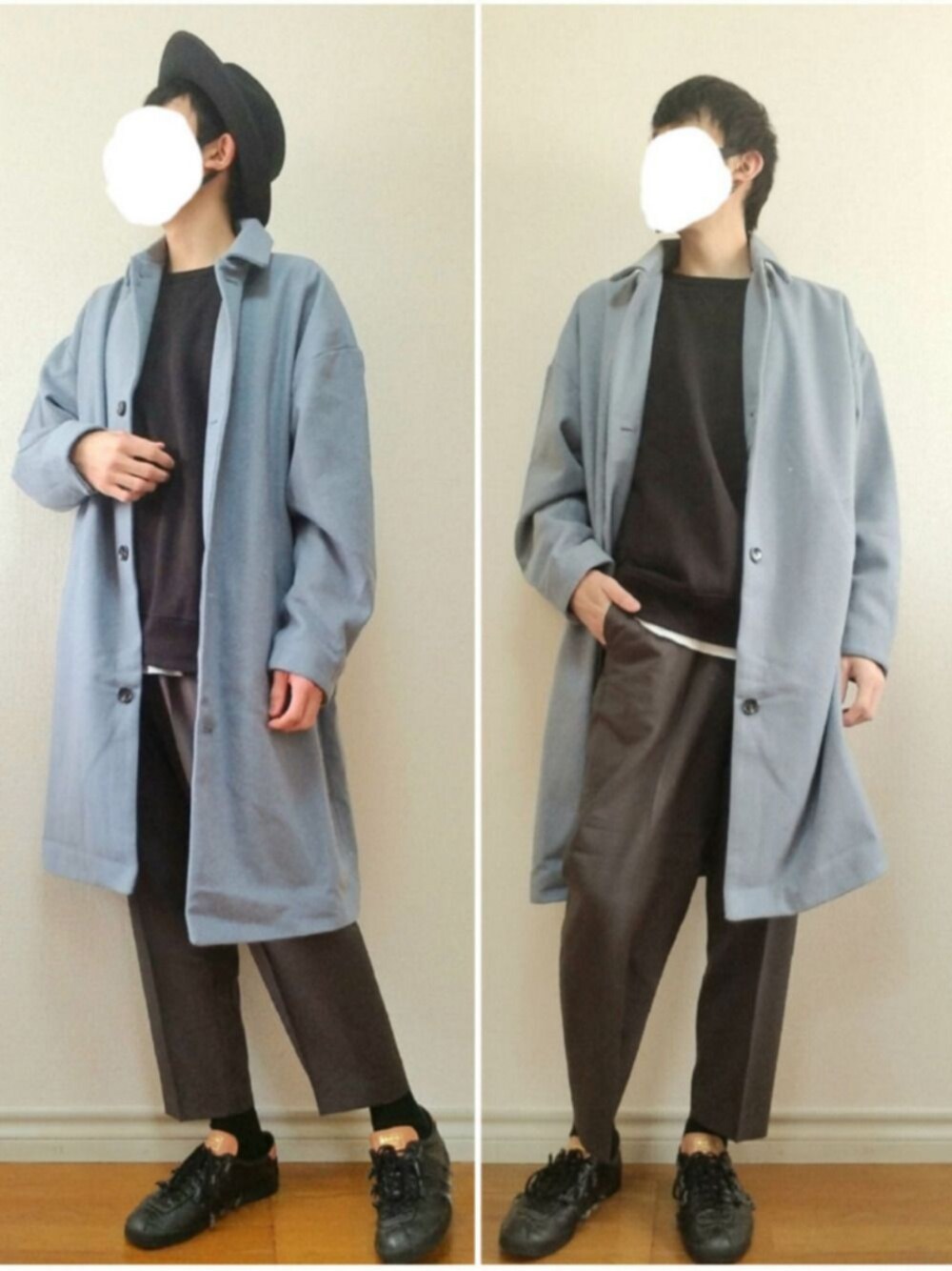 「ハット、スウェット、スラックス、ワイドパンツ、黒スニーカー、冬コーデ、シンプル、プチプラ、お洒落さんとつながりたい、チェスターコート」｜「CA4LAのアイテム（ハット、ブラック系）」を使った、bouさん（メンズ・176cm）の冬コーディネートの1枚目の写真