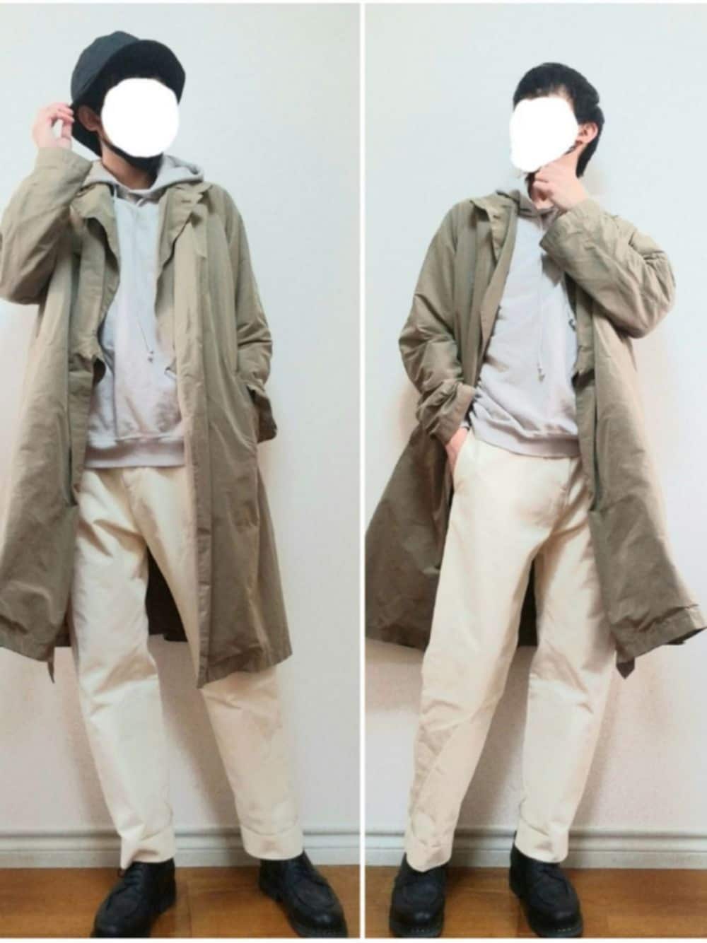 「バケットハット、パーカー、タイロッケンコート、ワイドパンツ、白パンツ、革靴、シンプル、冬コーデ、オーバーサイズ、シンプルコーデ」｜「ALLEGEのアイテム（ハット、ブラック系）」を使った、bouさん（メンズ・176cm）の冬コーディネートの1枚目の写真