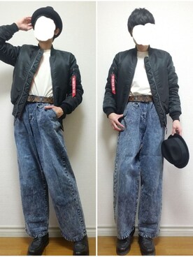 「ハット」｜「アイテム（MA-1）」を使った、bouさん（メンズ・176cm）の冬コーディネート