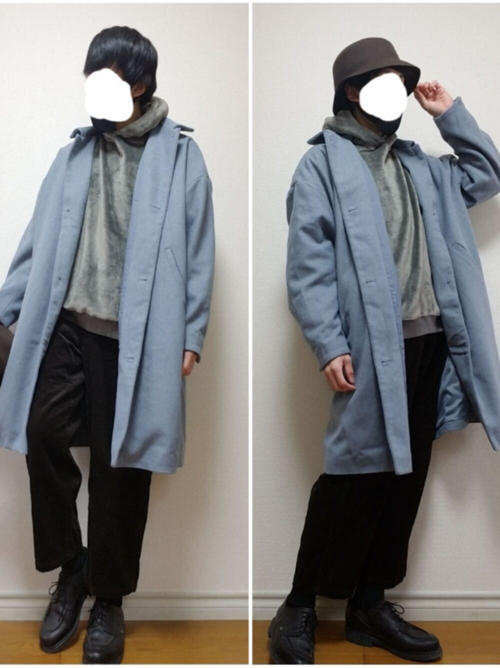 「バケットハット、ステンカラーコート、パーカー、ワイドパンツ、コーデュロイパンツ、革靴、秋冬コーデ、シンプル、シンプルコーデ、いいね、save、フォローお願いします🤑」｜「Rubenの【Ruben】FELT BUCKET HAT（ハット、グリーン系）」を使った、bouさん（メンズ・176cm）の冬コーディネートの1枚目の写真