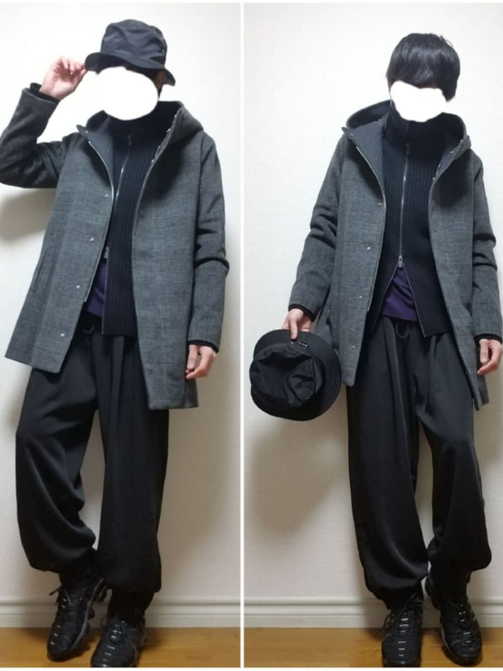 「モッズコート、チェック、タートルネック、スラックス、ワイドパンツ、黒スニーカー、モノトーン、シンプルコーデ、冬のコーデ、シンプル」｜「ALLEGEのアイテム（ハット、ブラック系）」を使った、bouさん（メンズ・176cm）の冬コーディネートの1枚目の写真