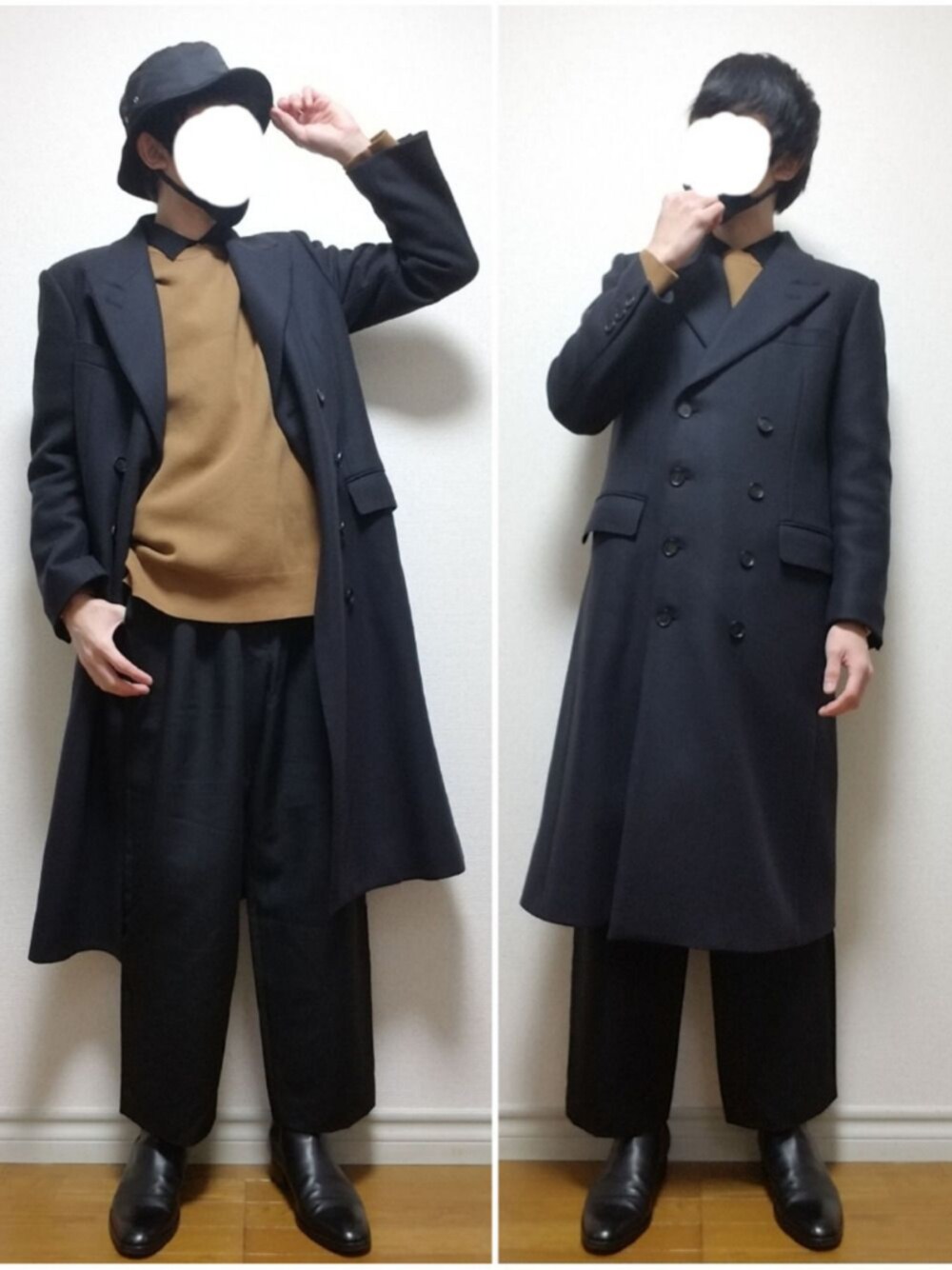 「バケットハット、チェスターコート、ニット、ワイドパンツ、スラックス、サイドゴアブーツ、冬コーデ、いいね、save、フォローお願いします🤑、シンプル、シンプルコーデ」｜「ALLEGEのアイテム（ハット、ブラック系）」を使った、bouさん（メンズ・176cm）の冬コーディネートの1枚目の写真
