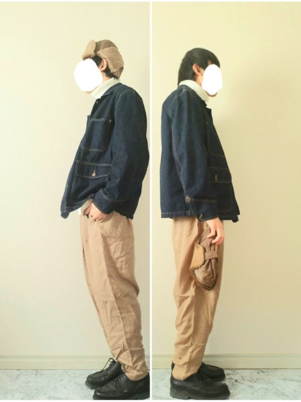 「フライトキャップ、タートルネック、デニムジャケット、ワイドパンツ、革靴、シンプル、大人カジュアル、いいね、save、フォローお願いします🤑、おしゃれさんと繋がりたい、冬コーデ」｜「Hender Schemeのpilot hat（ハット、ブラウン系）」を使った、bouさん（メンズ・176cm）の冬コーディネートの1枚目の写真