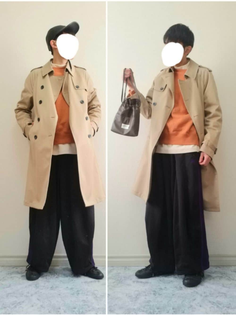 「キャップ、トレンチコート、モックネック、スウェット、ラインパンツ、トラックパンツ、スニーカー、レザー、巾着バッグ、シンプル」｜「CHRISTIAN DADAのLeather Lace-up Cap（キャップ、ブラック系）」を使った、bouさん（メンズ・176cm）の冬コーディネートの1枚目の写真