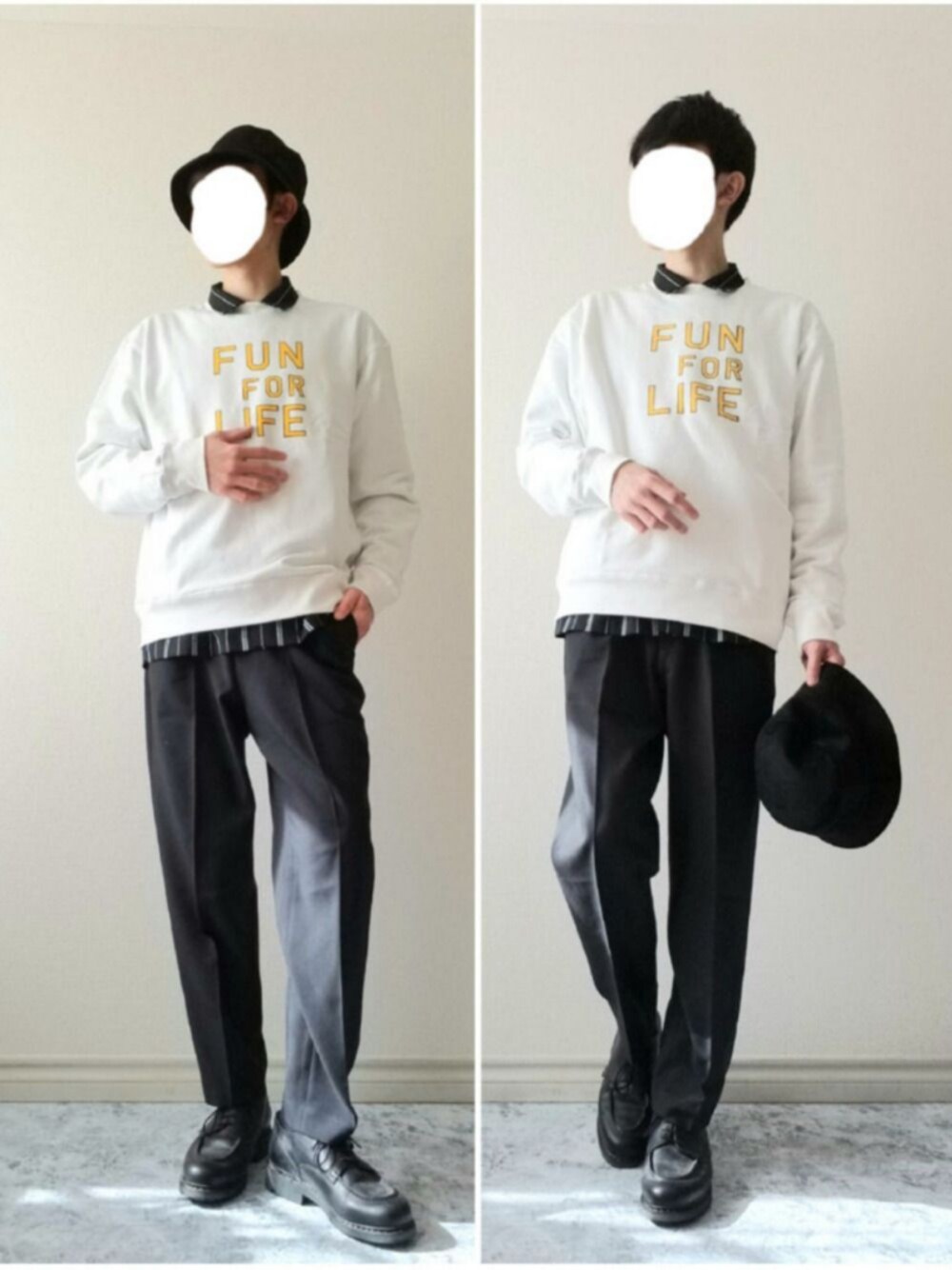 ブラック系のシャツ/ブラウス、ブラック系のスラックス、ホワイト系のスウェットを着用したメンズの冬コーディネートの1枚目の写真