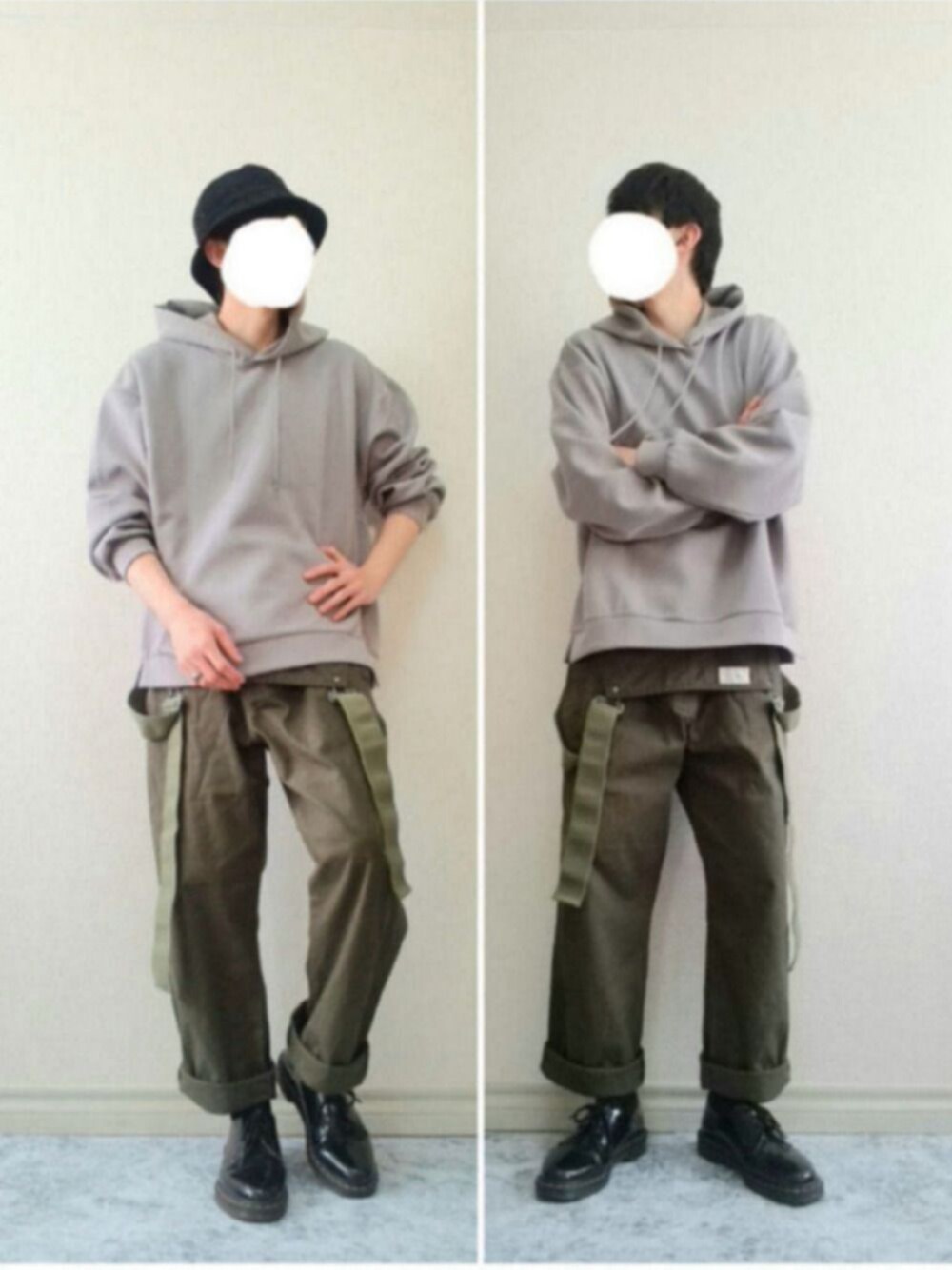 「バケットハット、パーカー、オーバーオール、革靴、Dr.Martens、シンプル、ミリタリー、春コーデ、お洒落さんとつながりたい、休日スタイル」｜「Johnbull Private laboのワークオーバーオール（サロペット/オーバーオール、グリーン系）」を使った、bouさん（メンズ・176cm）の春コーディネートの1枚目の写真