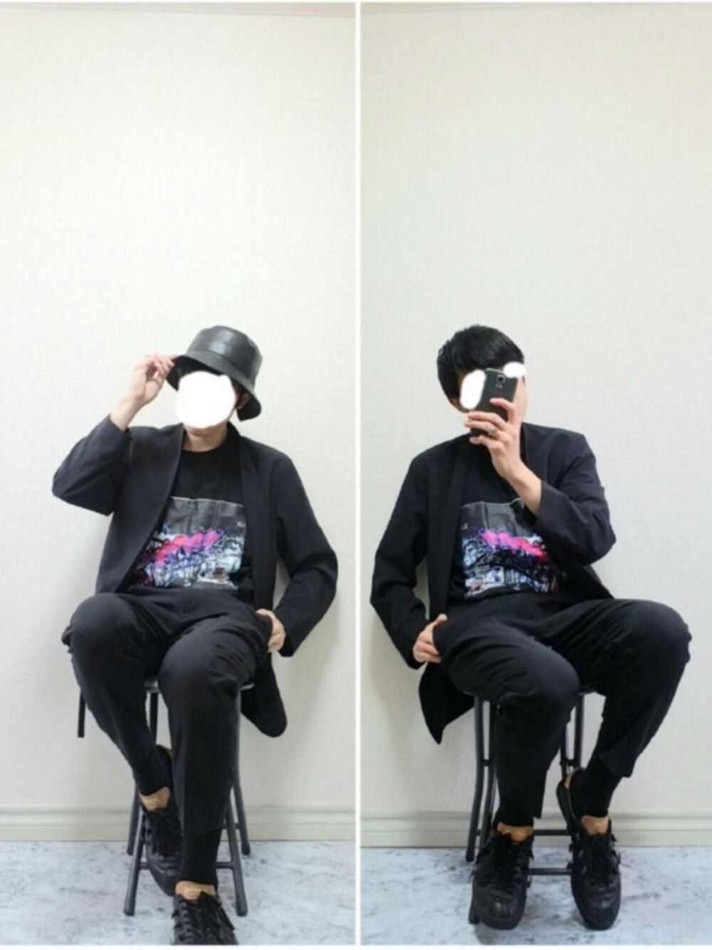 「バケットハット、テーラードジャケット、Tシャツ、アンクルパンツ、スラックス、レザーパンツ、モノトーン、セットアップ、シンプル、オールブラック」｜「UNITED TOKYOのSynthetic leather バケッタハット（ハット、ブラック系）」を使った、bouさん（メンズ・176cm）の春コーディネートの1枚目の写真