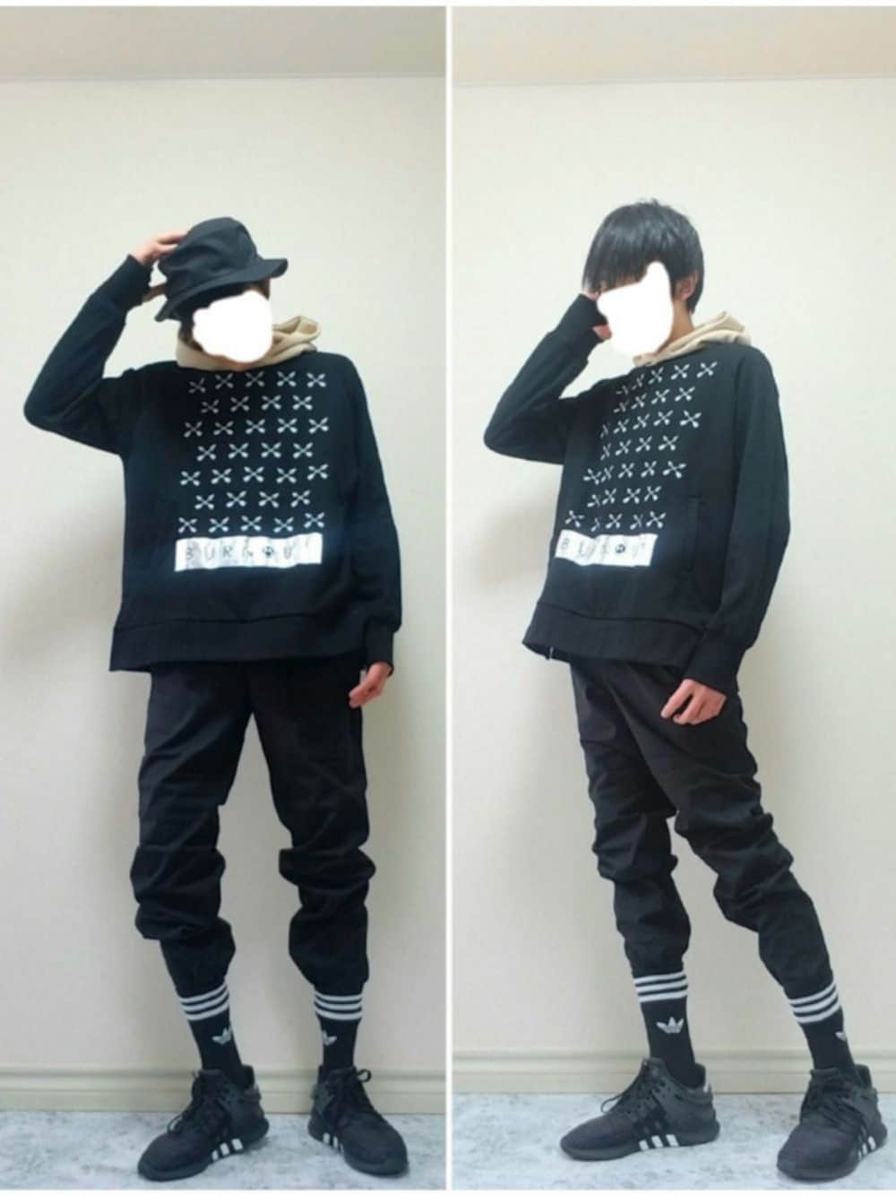 ブラック系のスニーカー、ブラック系のパーカー、ブラック系のその他パンツを着用したメンズの春コーディネートの1枚目の写真